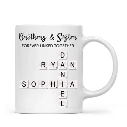 Brothers & Sisters Forever Linked Together Crossword Puzzle Art Personalized Mug, Gift For Brothers, Sisters, Siblings, Family