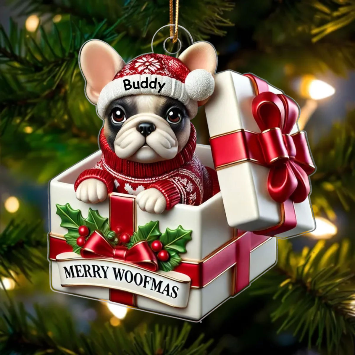 Cute Frenchie Inside Red Gift Box Personalized 2D Flat Acrylic Ornament, Christmas Gift for Dog Lovers