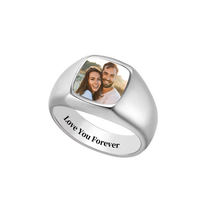 Love You Forever - Personalized Upload Photo Square Ring For Couple