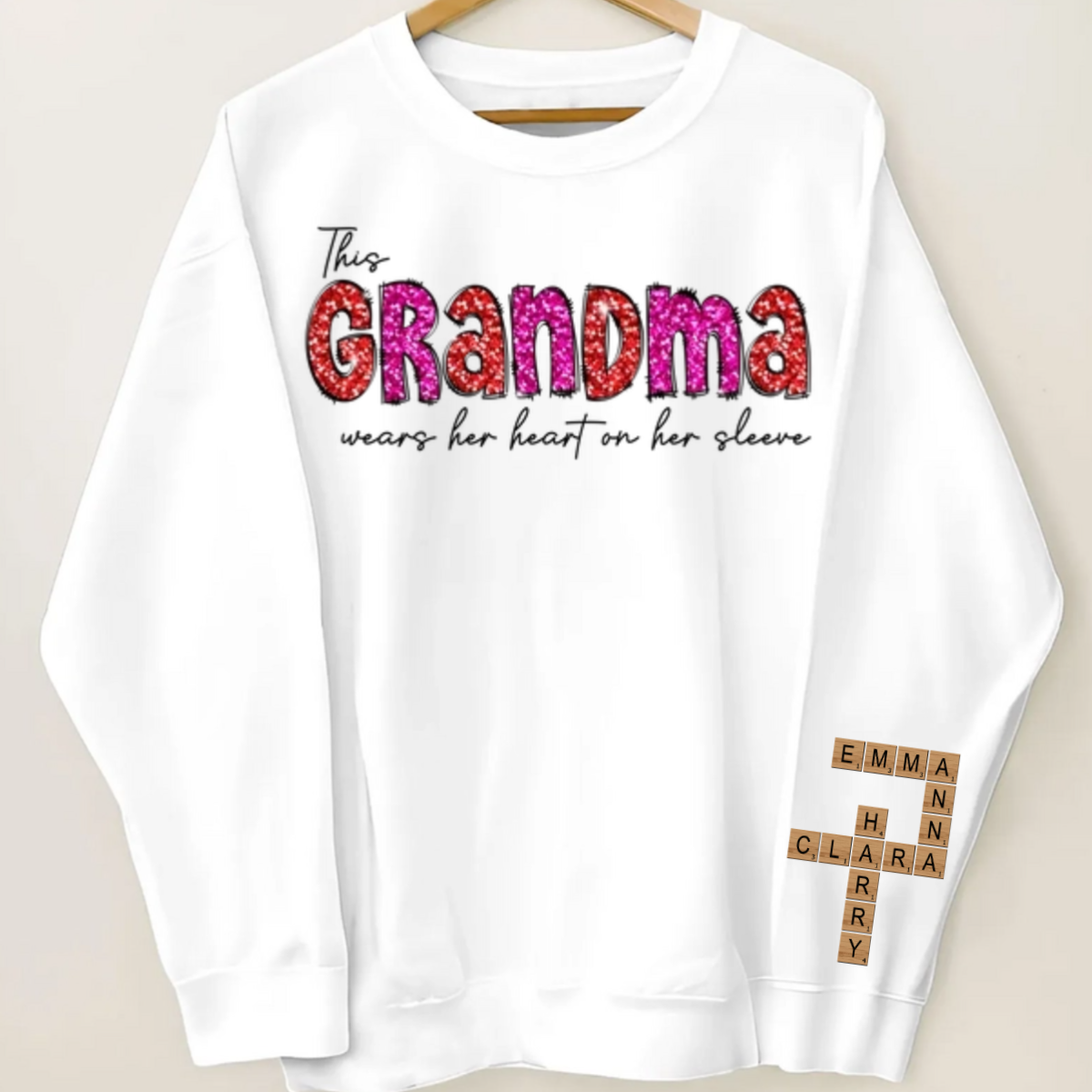 This Grandma Wears Heart On Her Sleeve Personalized Sleeve Printed Sweatshirt