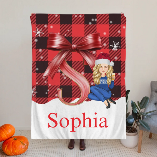 Personalised Cartoon Holly Wreath Bow Soft Colorful Plaid Throw Blanket with Initial and Name Festival Home Decor Christmas Gift for Kids Family