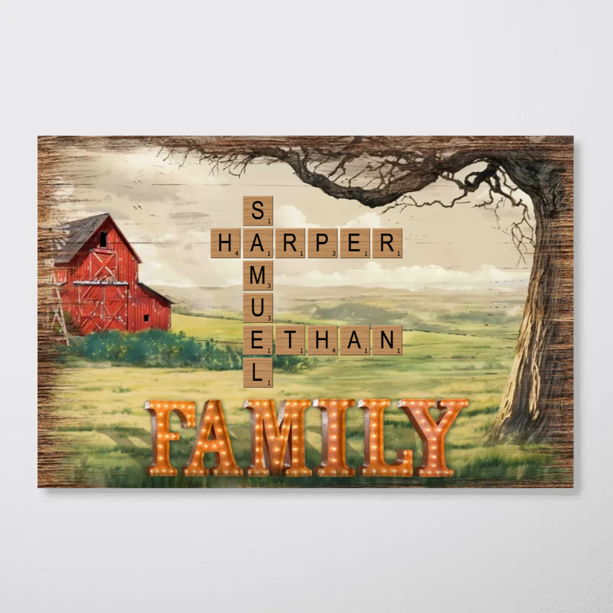 Family Farmhouse Tree Crossword Puzzle Art Personalized Poster, Gift For Mom, Dad, Husband, Wife