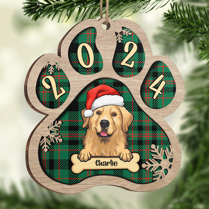 Personalized Custom Paw Shaped Wood Christmas Ornament - Dog, Cat And Snow - Plaid Buffalo Pattern - Customized Decoration Upload Image, Gift For Pet Lovers