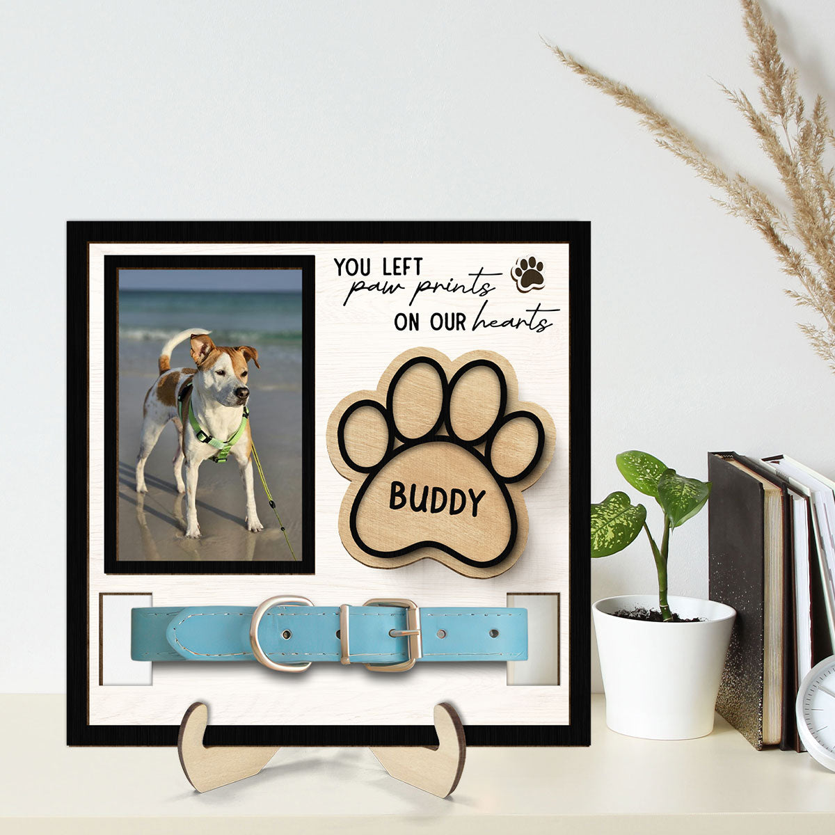 You Left Paw Prints On Our Hearts Photo Inserted Memorial Remembrance Gift Pet Collar Keepsake Personalized Wooden Pet Collar Holder