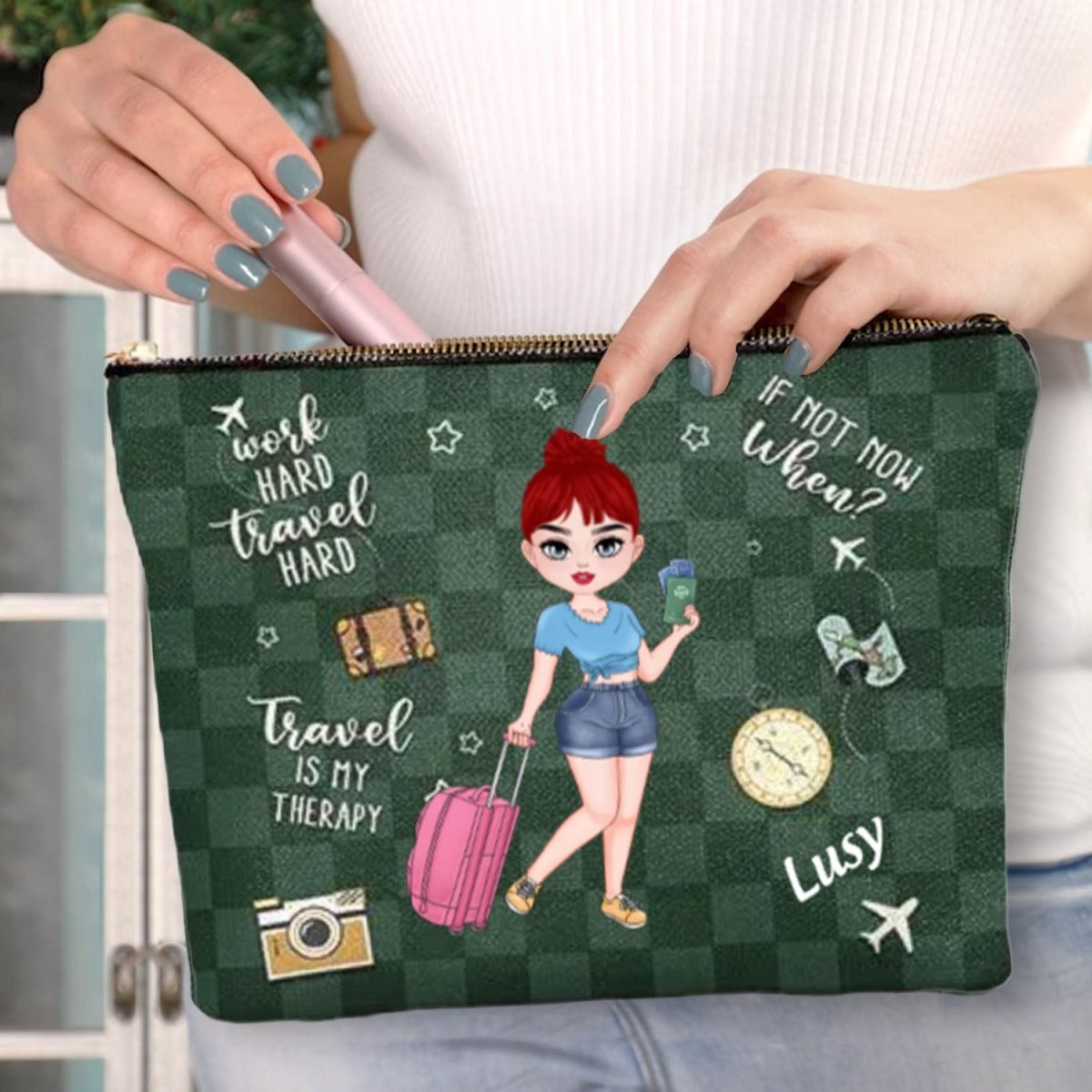 Travel Lovers - Travel Is My Therapy All My Travel Crap - Personalized Cosmetic Bag - The Next Custom Gift