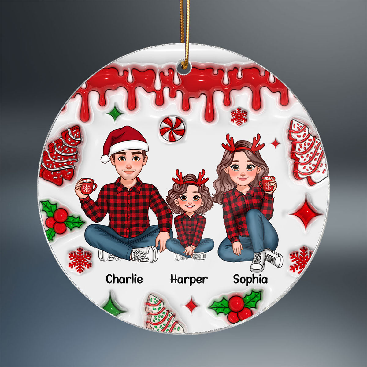 3D Inflated Effect Animated Family Christmas Cake Personalized Acrylic Ornament, Christmas Decoration, Christmas Gift For Family