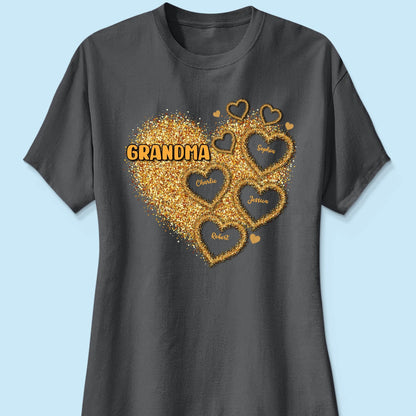 Grandma Mom Gold Glitter Heart Personalized Shirt, Gift For Grandma