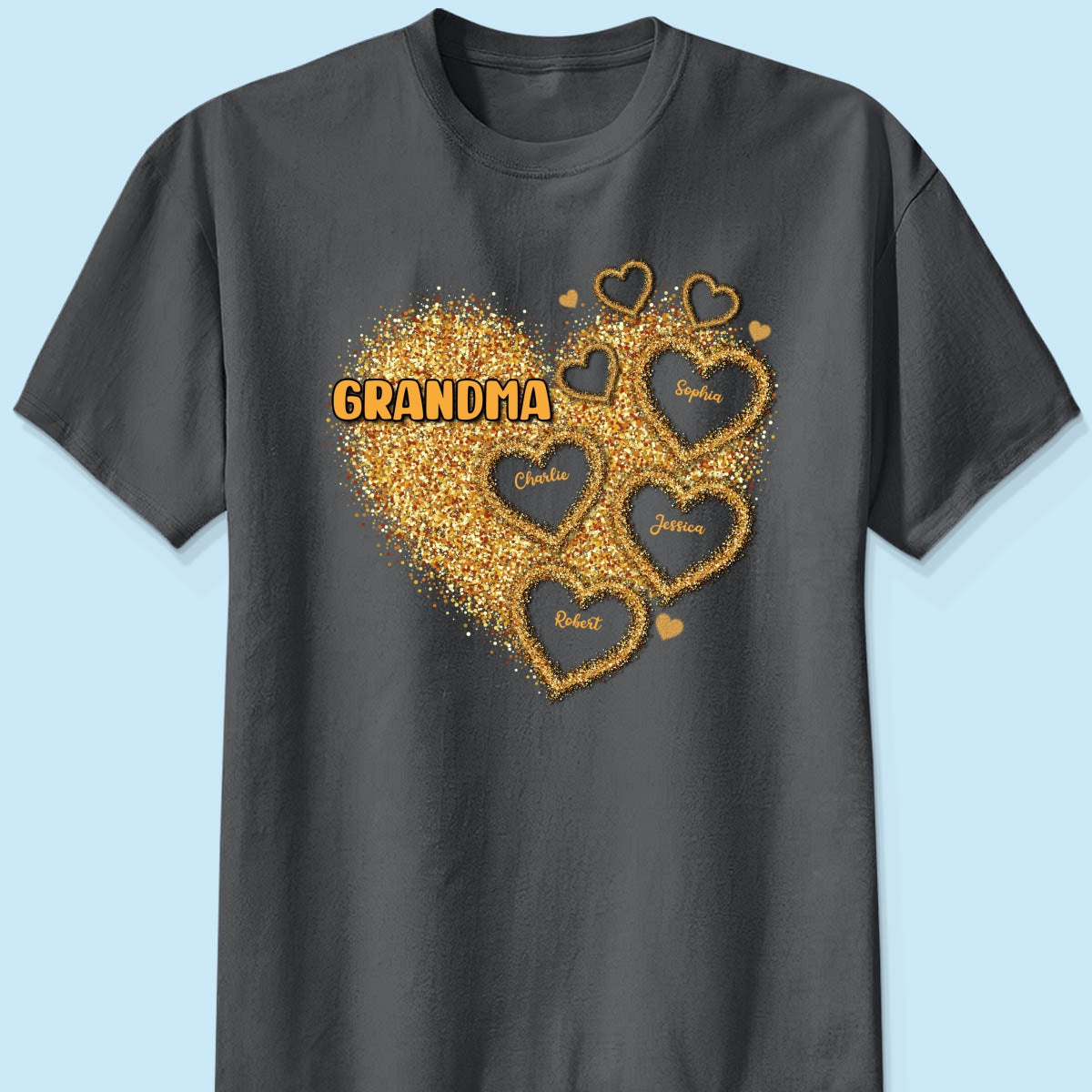 Grandma Mom Gold Glitter Heart Personalized Shirt, Gift For Grandma