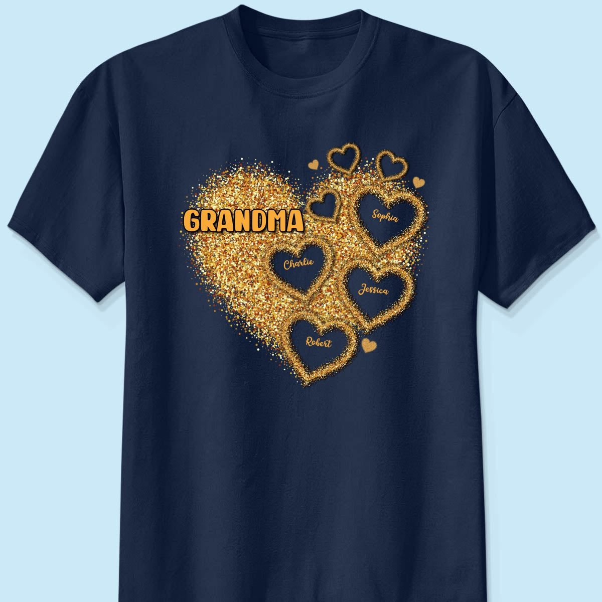 Grandma Mom Gold Glitter Heart Personalized Shirt, Gift For Grandma