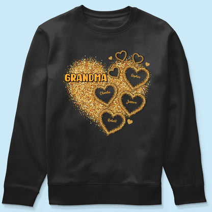 Grandma Mom Gold Glitter Heart Personalized Shirt, Gift For Grandma