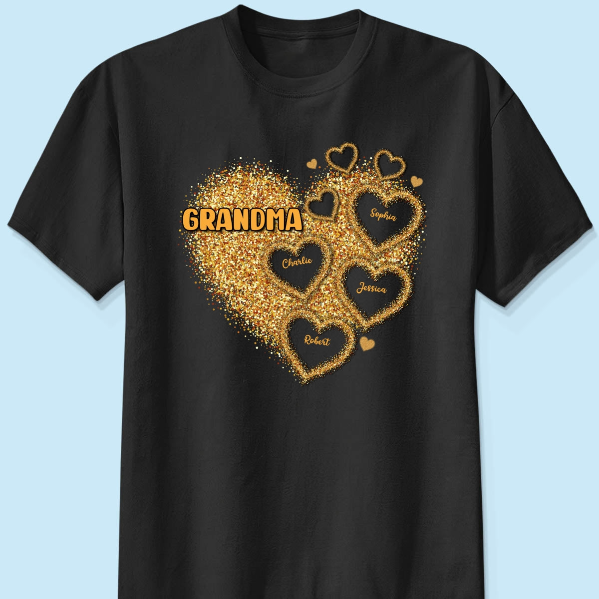 Grandma Mom Gold Glitter Heart Personalized Shirt, Gift For Grandma