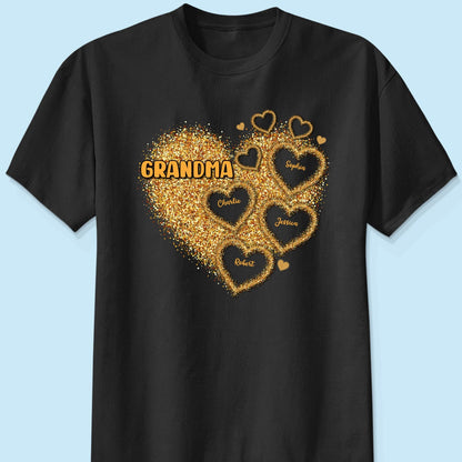 Grandma Mom Gold Glitter Heart Personalized Shirt, Gift For Grandma