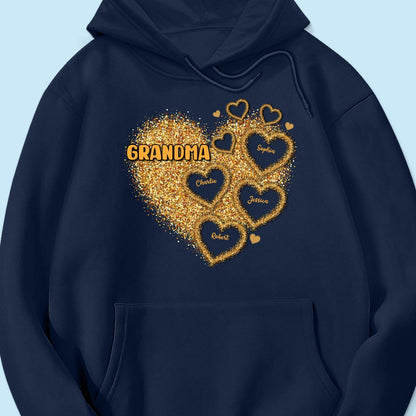 Grandma Mom Gold Glitter Heart Personalized Shirt, Gift For Grandma