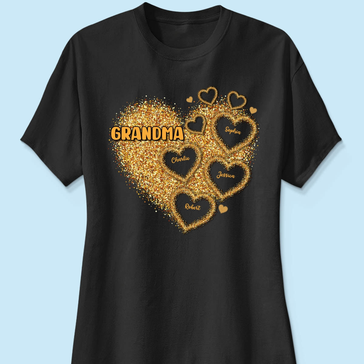 Grandma Mom Gold Glitter Heart Personalized Shirt, Gift For Grandma