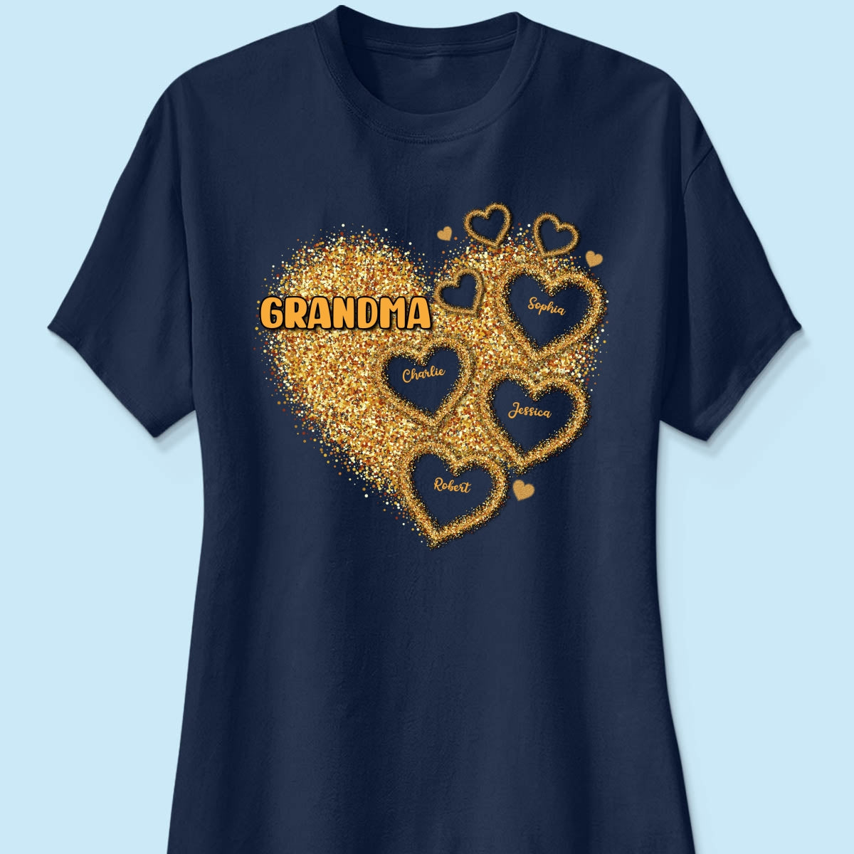 Grandma Mom Gold Glitter Heart Personalized Shirt, Gift For Grandma