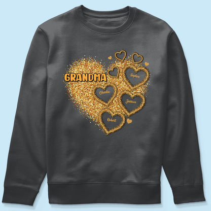 Grandma Mom Gold Glitter Heart Personalized Shirt, Gift For Grandma