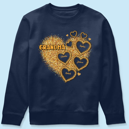 Grandma Mom Gold Glitter Heart Personalized Shirt, Gift For Grandma