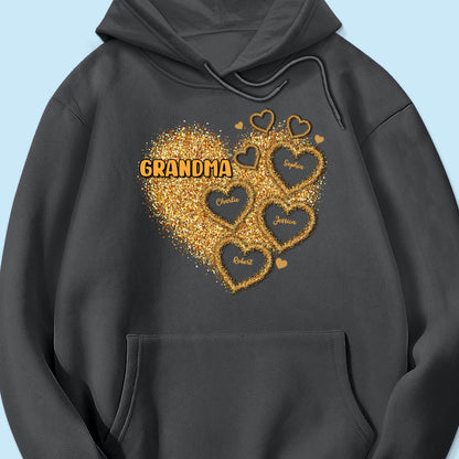 Grandma Mom Gold Glitter Heart Personalized Shirt, Gift For Grandma