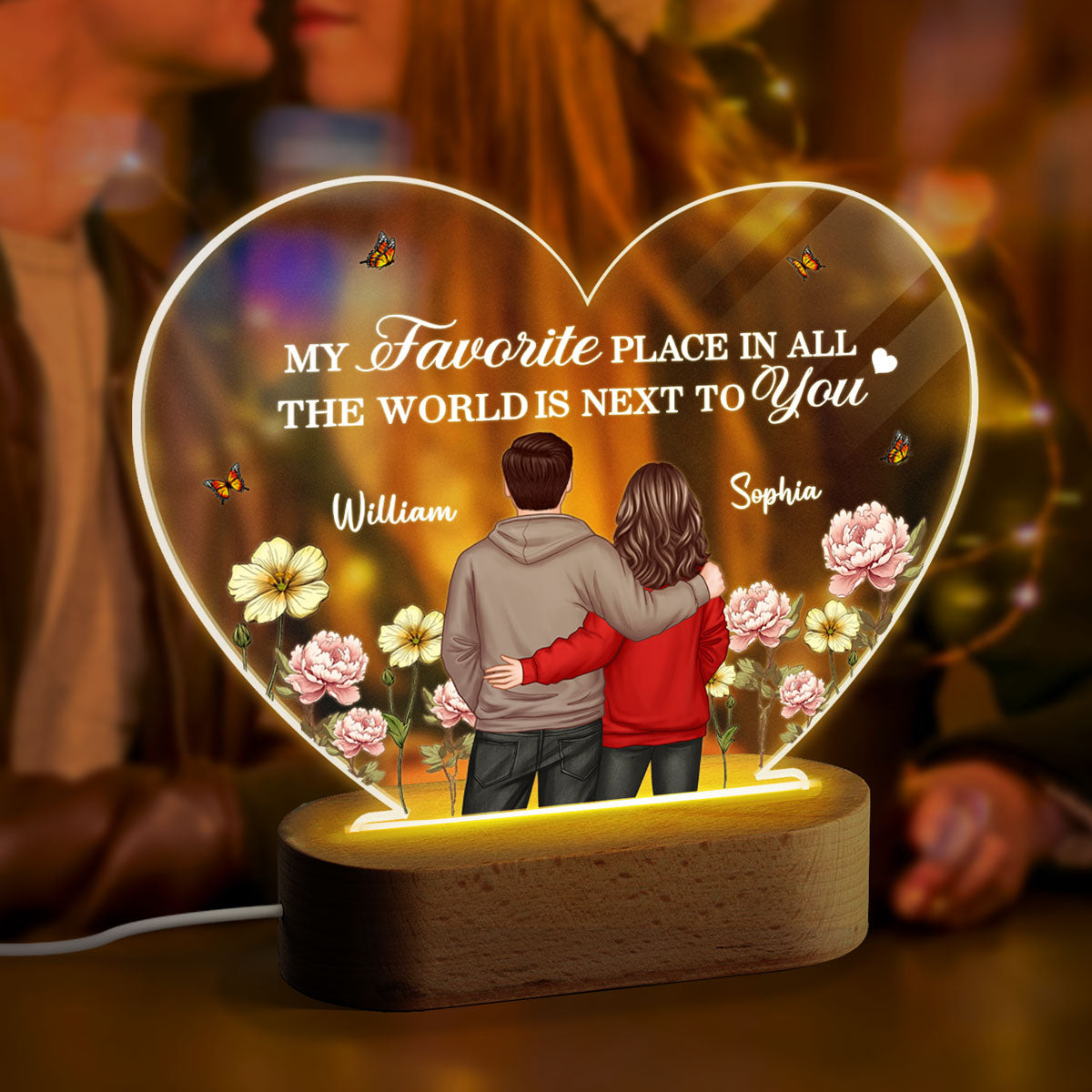 Couple Birth Month Flower Personalized Heart Acrylic Plaque LED Night Light, Heartfelt Gift For Couple, For Him, For Her, Boyfriend, Girlfriend, Husband, Wife