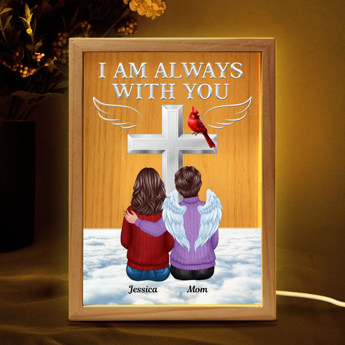 Always With You Family Memorial Cross Cardinal Personalized Frame Light Box