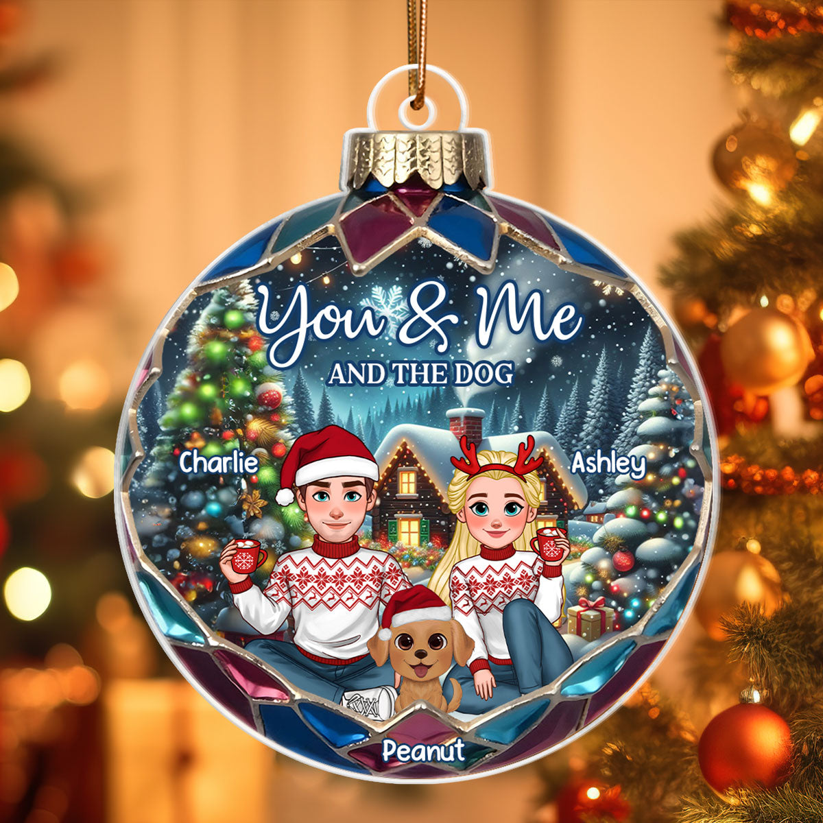 Animated Couple And Dogs Cats Beautiful Christmas Personalized Acrylic Ornament, Christmas Gift For Family