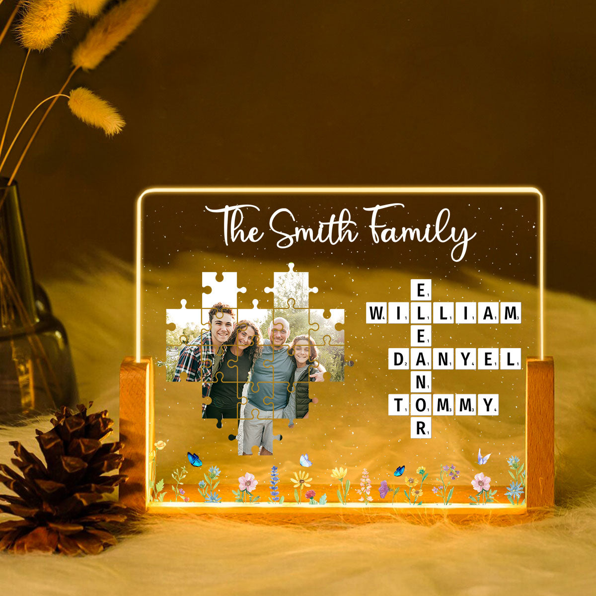 Family Crossword Puzzle Photo Uploaded Personalized U-Base Acrylic LED Night Light, Gift for Mom, Dad, Grandma
