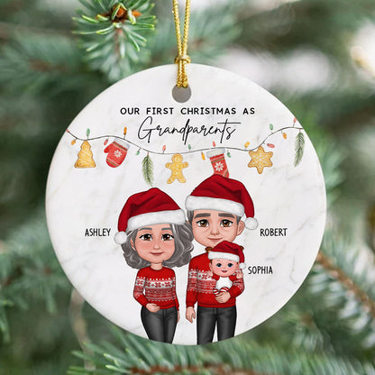 Our First Christmas As Grandparents Cute Things Personalized Circle Ceramic Ornament