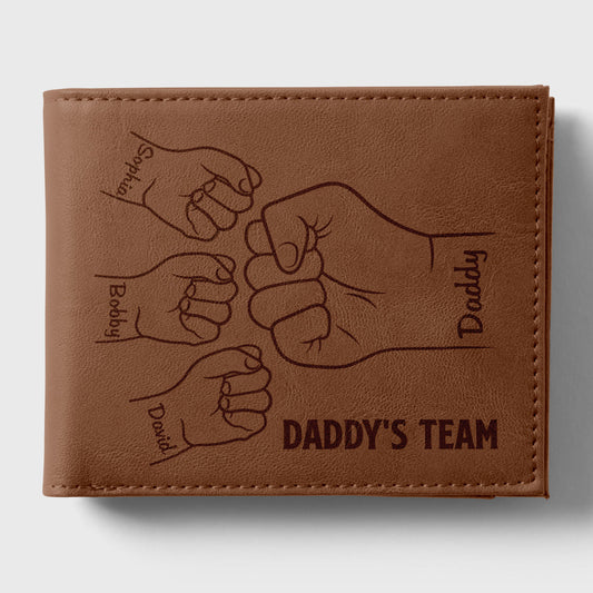 Daddy‘s Team Fist Bump Outline Personalized Printed Leather Wallet, Gift For Husband, Dad