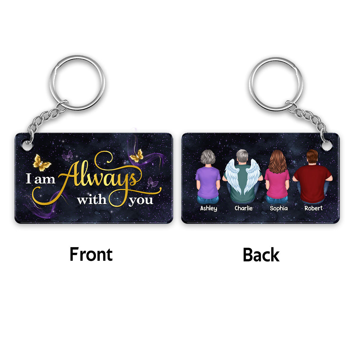 Glow Butterflies Family Back View Sitting Memorial Sympathy Remembrance Keepsake Personalized Acrylic Keychain