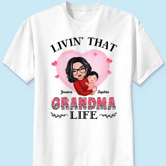 Pink Heart Doll Grandma Hugging Kid Livin‘ That Grandma Life Personalized Shirt