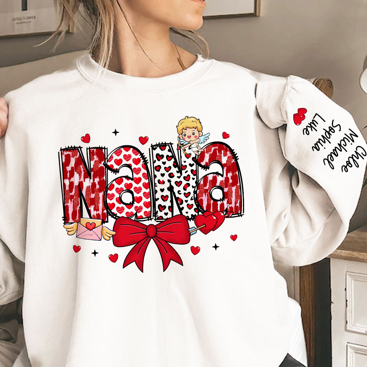 Grandma Valentine Personalized Sleeve Printed Sweatshirt, Valentine's Day Gift For Grandma