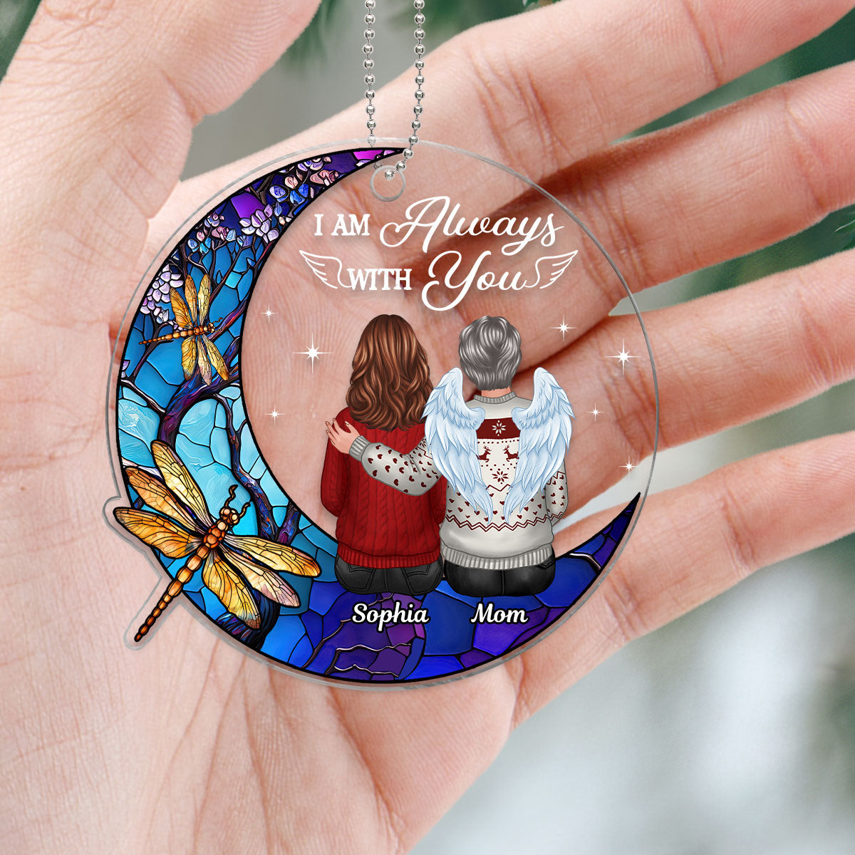 Stained Glass Moon Dragonflies Always With You Family Remembrance Memorial Keepsake Christmas Personalized Acrylic Ornament