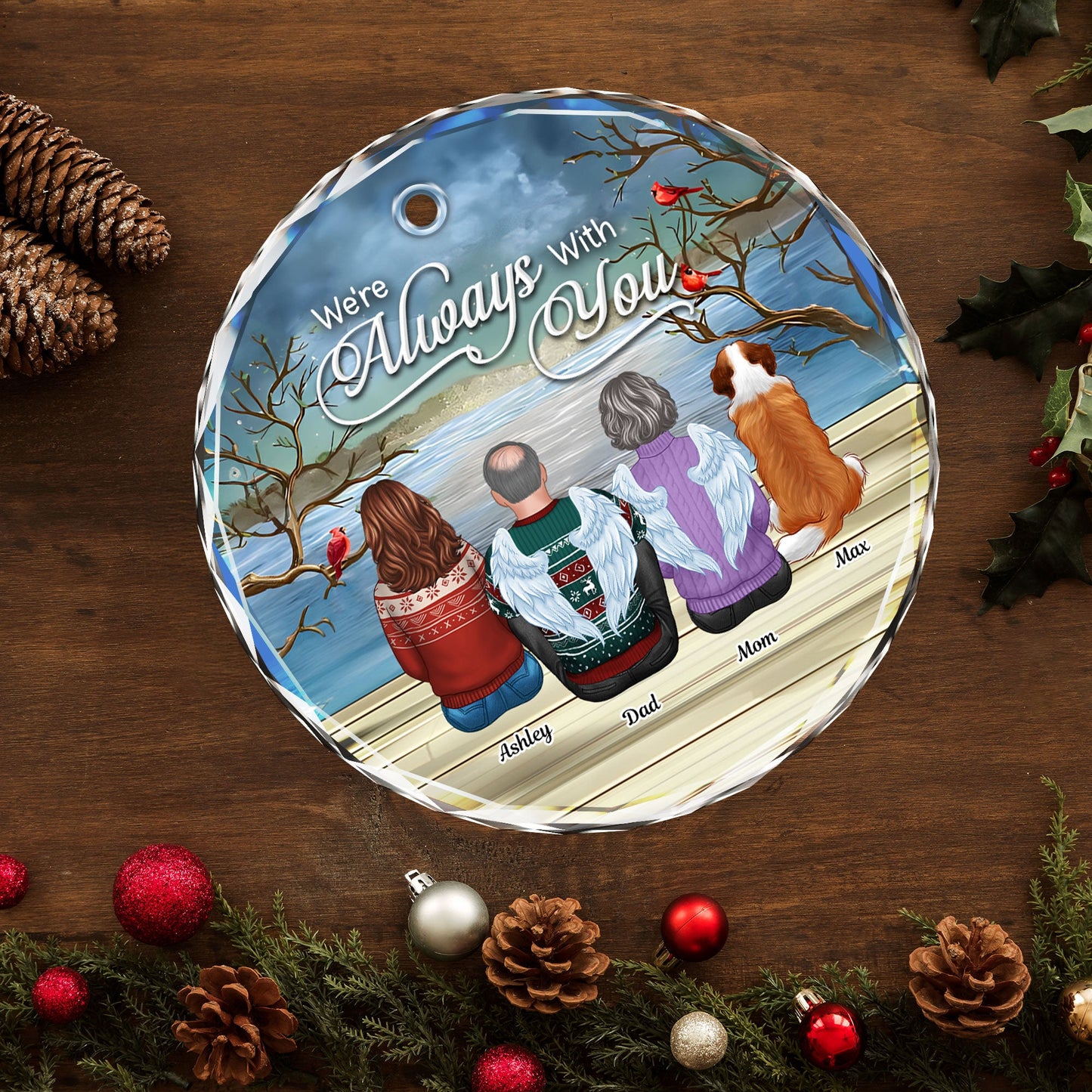 Always With You Christmas Family Sitting Back View Memorial Personalized Glass Ornament, Remembrance Gift, Sympathy Gift