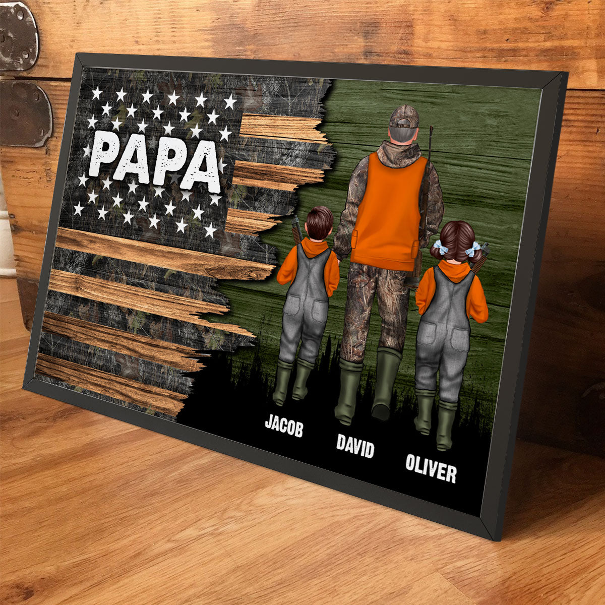 Hunting Dad Grandpa With Kids Half Nation Flag Personalized Horizontal Poster, Father's Day Gift For Dad, For Grandpa, For Husband