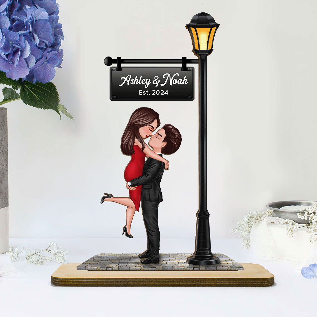 Couple Kissing Under Lamp Post Personalized 2-Layer Standing Wooden Plaque, Heartfelt Gift For Couple, For Him, For Her, Boyfriend, Girlfriend, Husband, Wife