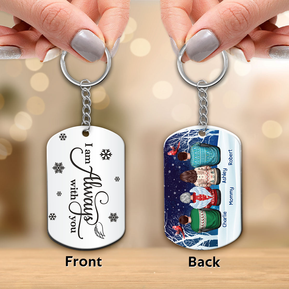 Family In Snow Memorial Cardinal Personalized Metal Keychain