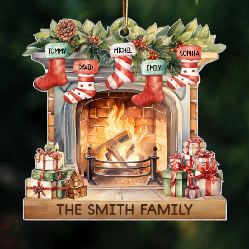 Vintage Christmas Stockings Fireplace Family Names Personalized Acrylic Ornament, Christmas Gift For Family