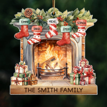 Vintage Christmas Stockings Fireplace Family Names Personalized Acrylic Ornament, Christmas Gift For Family