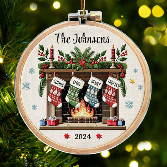 Christmas Festive Fireplace Family Christmas Stockings On Mantel Embroidery Effect Personalized Acrylic Ornament