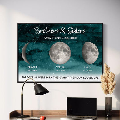 Starry Night Brothers & Sisters Forever Linked Together Custom Birthday Moon Phase Personalized Poster