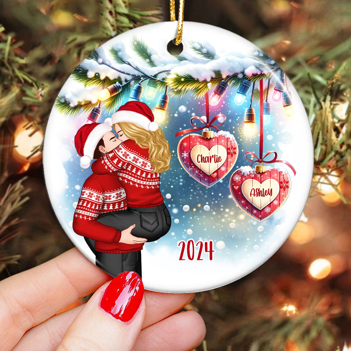 Christmas Hearts Couple Kissing Personalized Circle Ceramic Ornament