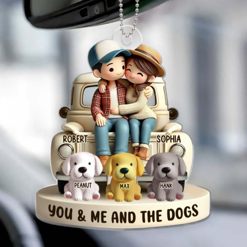 Couple On Truck You Me And The Dog Cats Personalized Acrylic Car Hanger Ornament, Heartfelt Gift For Couple, For Dog Lovers, Cat Lovers, Pet Lovers