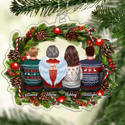 Family Sitting Back View Holly Branch Memorial Personalized Acrylic Ornament, Sympathy Gifts
