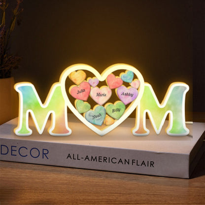 MOM Colorful Hearts In Heart Personalized Light Box, Mother's Day gift for Mom