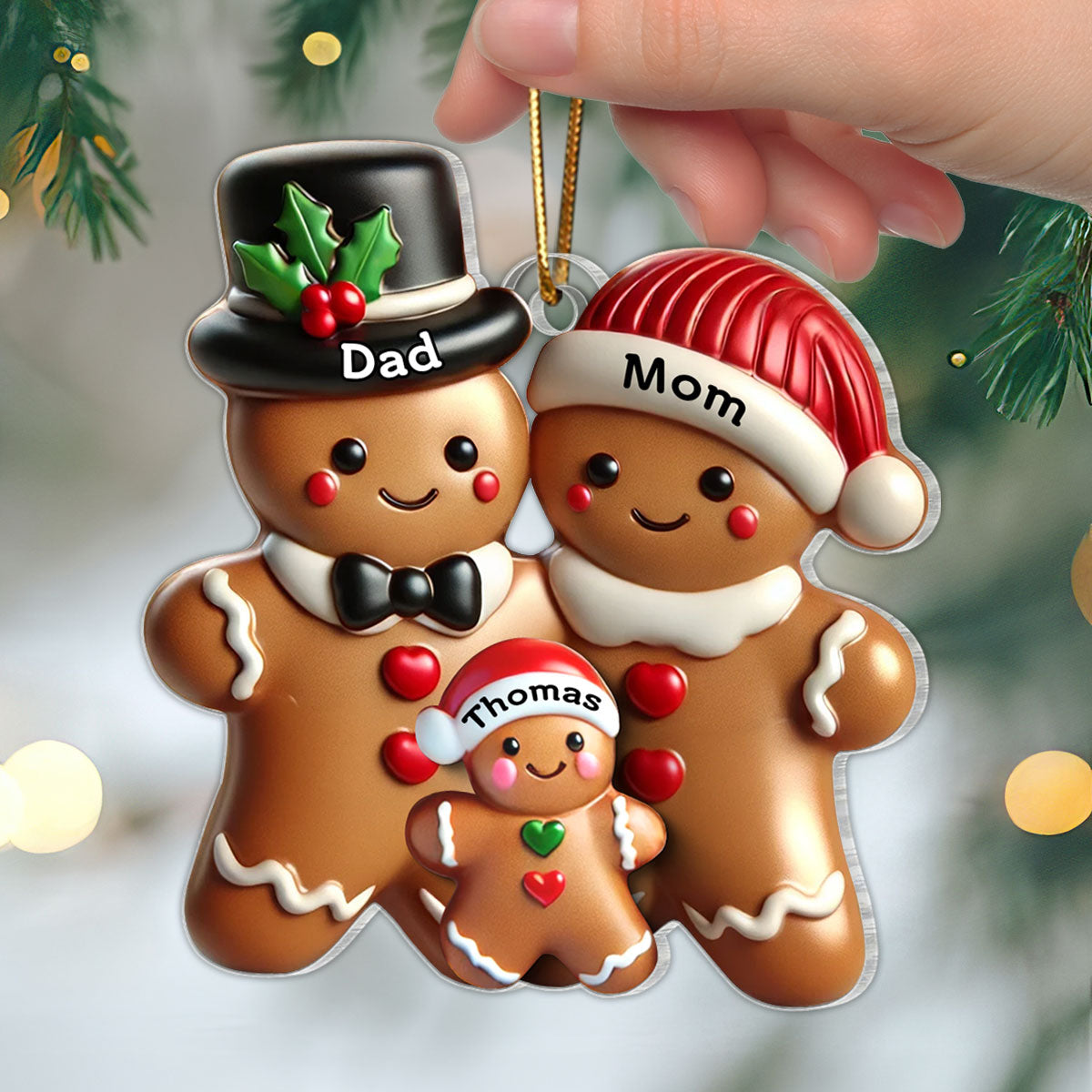 Gingerbread Family Polished Finish 3D Effect Personalized Acrylic Ornament