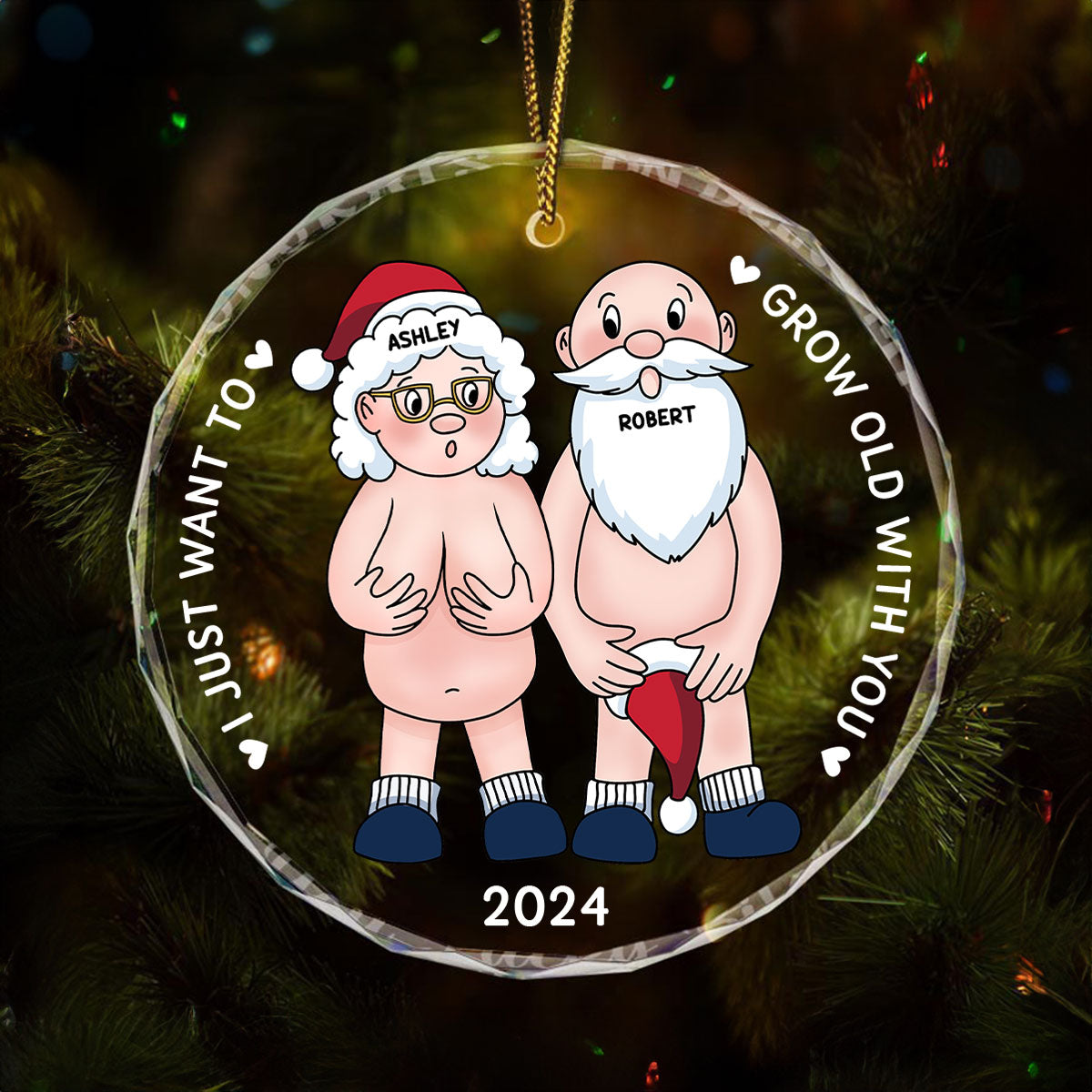 Funny Old Couple Personalized Circle Glass Ornament Christmas Gift for Him for Her