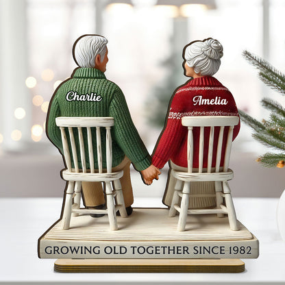 3D Effect Back View Old Couple Sitting Together Holding Hands Personalized Standing Wooden Plaque, Heartfelt Gift For Couple, For Him, For Her, Husband, Wife