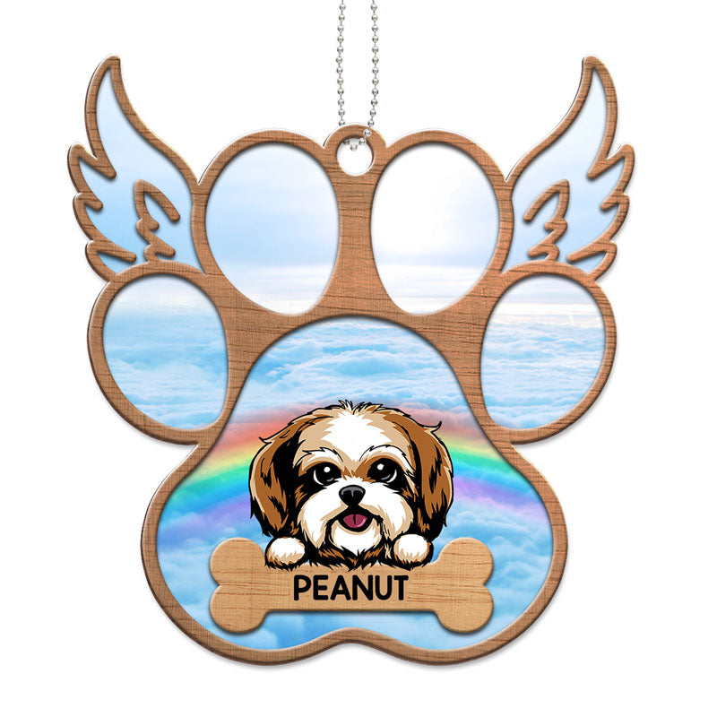 Peeking Dogs Paw Angel Wings Memorial Personalized Wooden Ornament