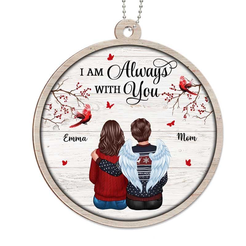 Cardinal Family Sitting Berry Branch Memorial Personalized Wooden Ornament