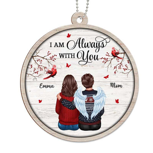 Cardinal Family Sitting Berry Branch Memorial Personalized Wooden Ornament